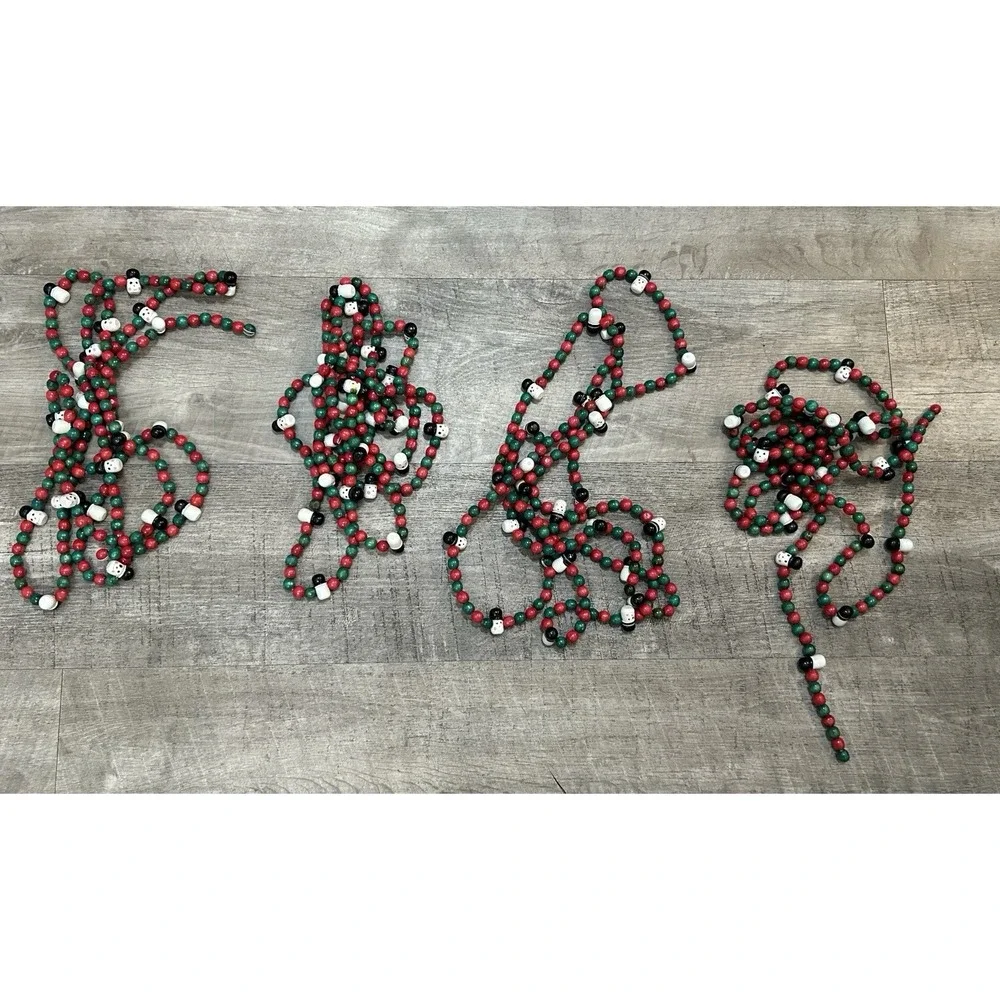 4 Garland Strands Red Green White Wood Wooden Beads Christmas Snowman 102